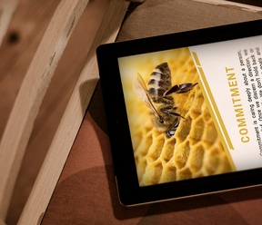 An image of a tablet displaying a page about "Commitment," featuring a honeycomb background with a bee on it.