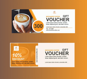 A graphic of coffee gift vouchers set against an orange-brown gradient background.