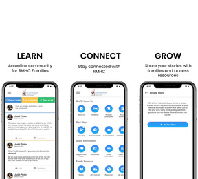 A graphic showing a mobile app interface with three sections: Learn, Connect, and Grow.